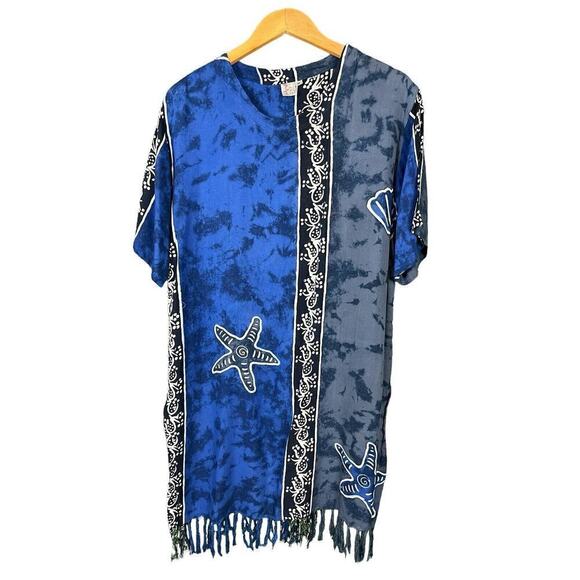 Rain Resort Wear Beach Cover-Up Size Medium Blue + Black with Fringe - Picture 6 of 10